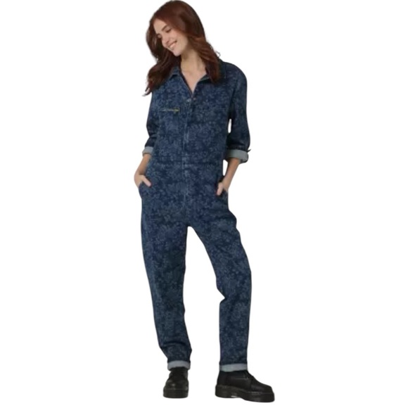 Free People Pants - Free people denim jumpsuit boiler suit floral blue New XS overalls